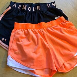 2 Under Armour Running Shorts Women L Black Orange Gym Hike Walking Training EUC